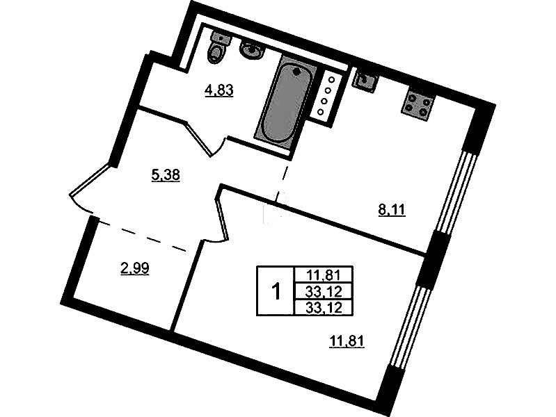 1-комнатная квартира 33.12 м², 9/9 эт., ЖК «Квартал Лаголово»